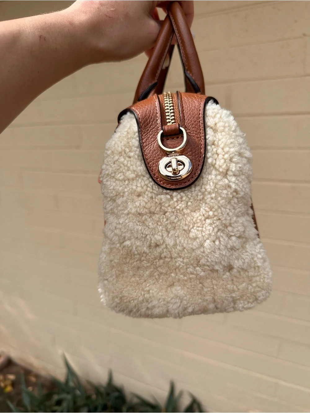 Coach Chestnut Brown Pebbled Leather Satchel with Shearling Trim